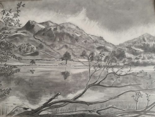 Graphite powder and pencil, Lakeside view.